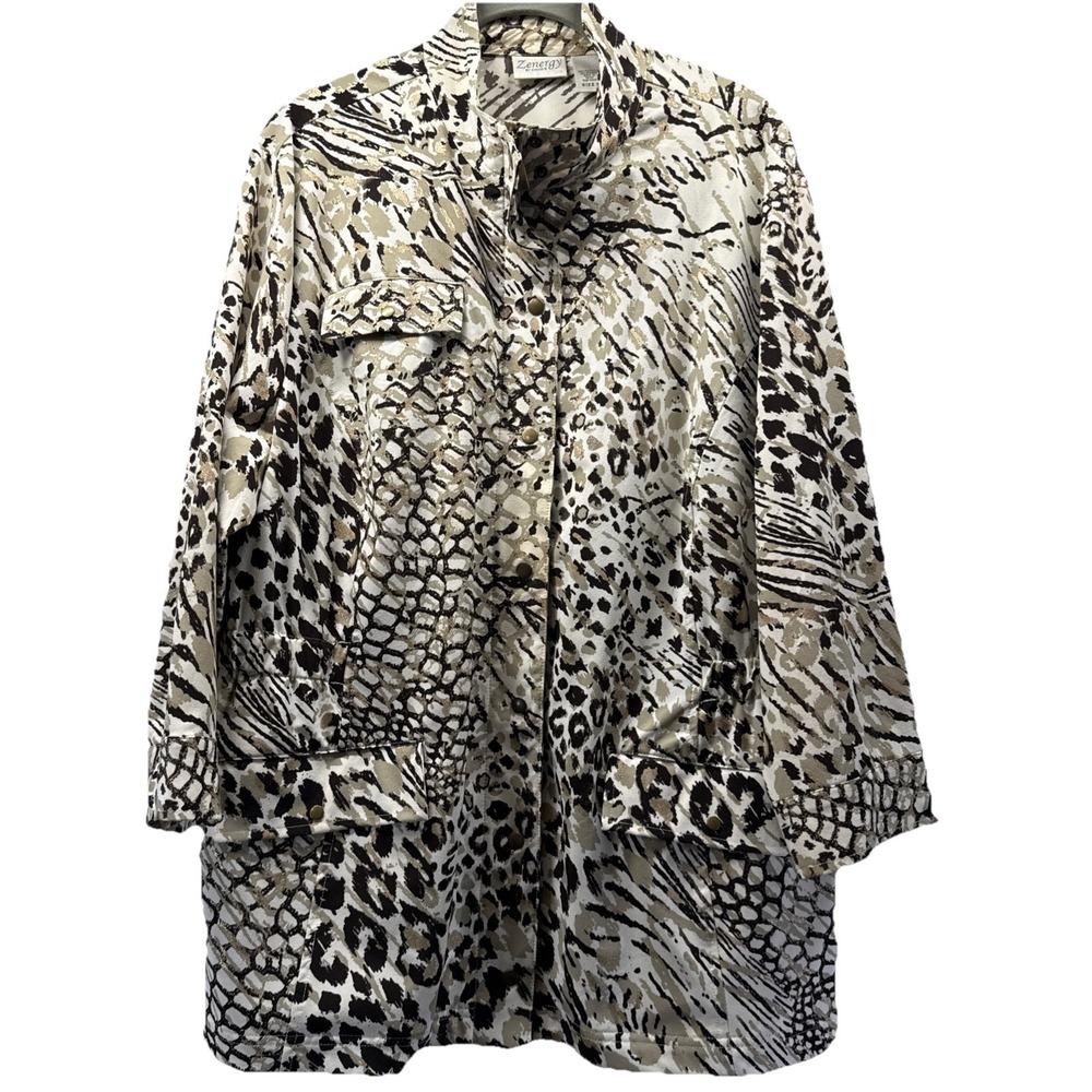 Chicos Zenergy Jacket Size XL Mixed Animal Zipper 3/4 Sleeves Metallic Pockets